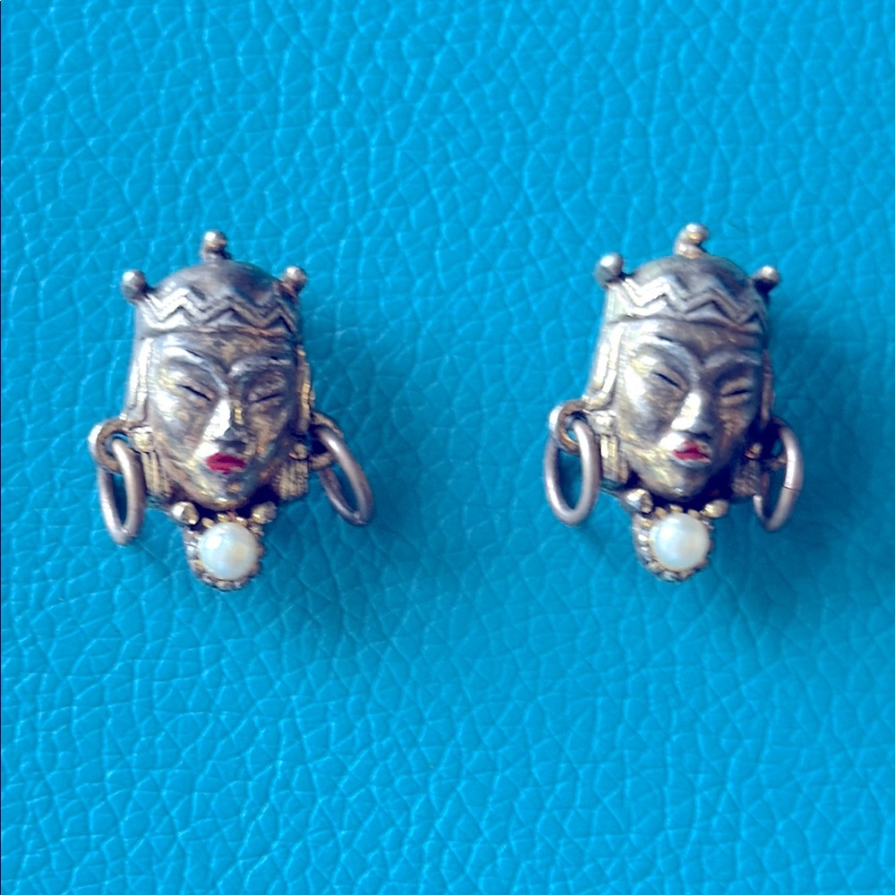 Pair Vintage Selro Selini Brooch Pins Tribal Royal Faces